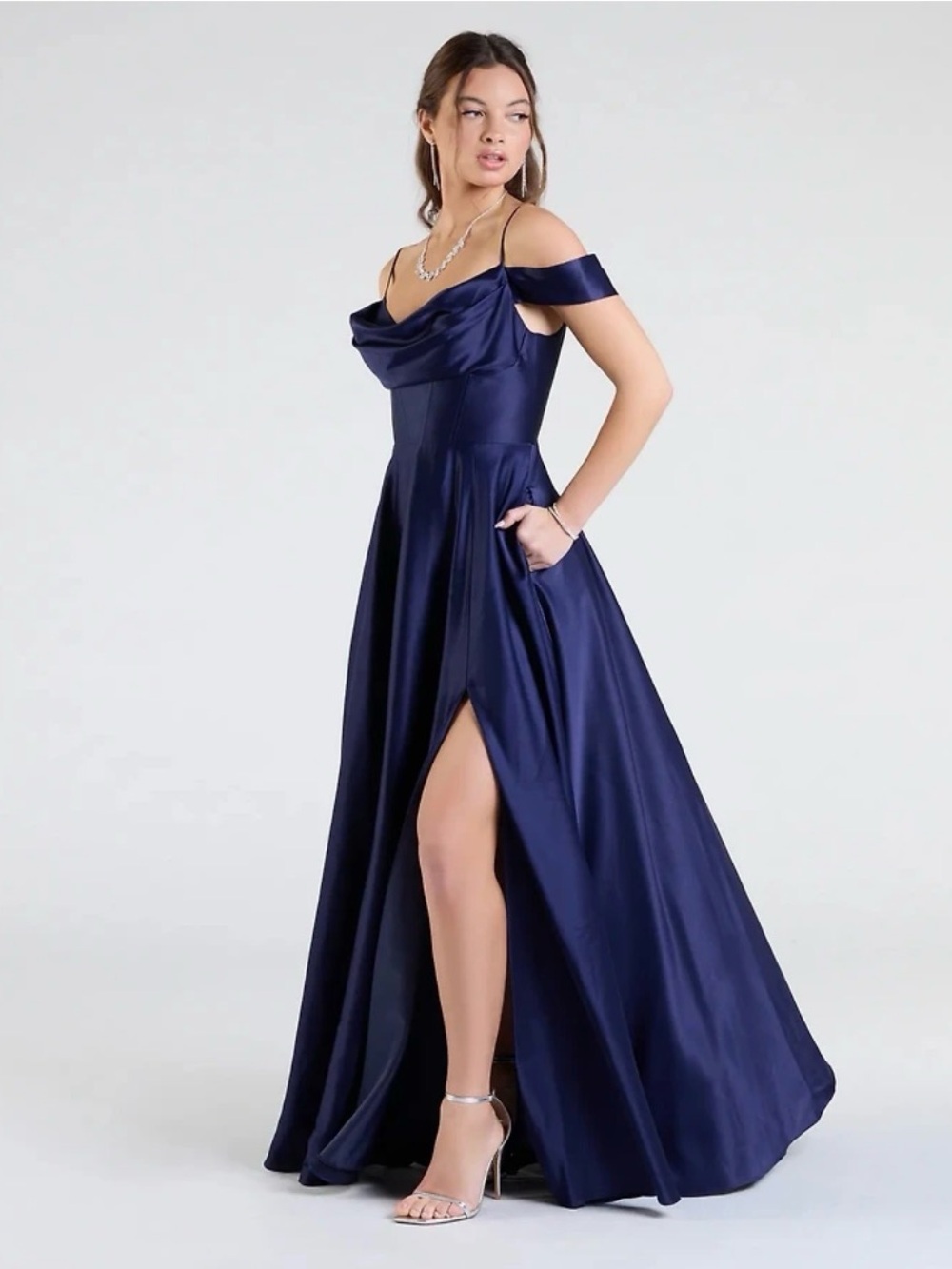 B Darlin Off-Shoulder Navy Satin dress Gown 13/14 brand new with tags Dillard’s